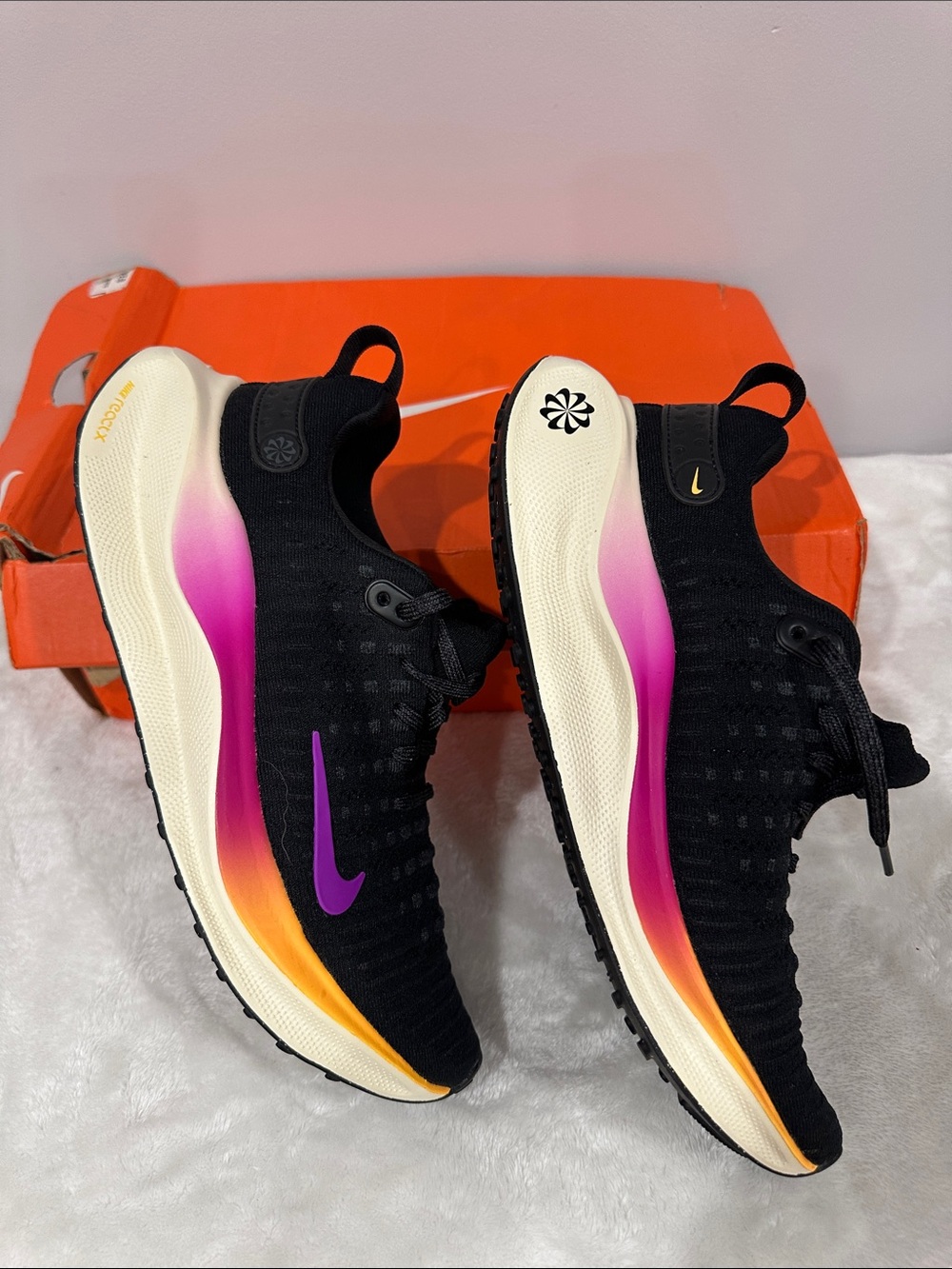 Nike Black Knit Running Sneakers with Purple Swoosh & Yellow Accents